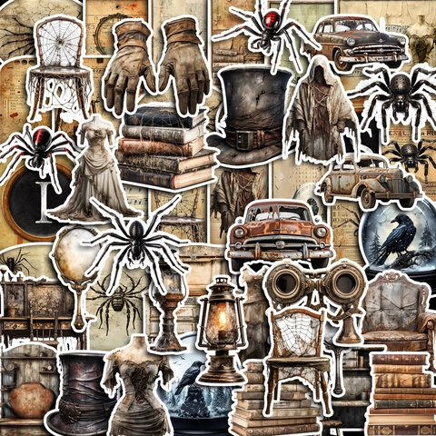 Vintage Gothic Scrapbooking Aufkleber Für DIY Journaling Dunkle Ästhetik Spinne Auto Muster Verwitterte Dekorative Sticker Für Tagebuch Laptop