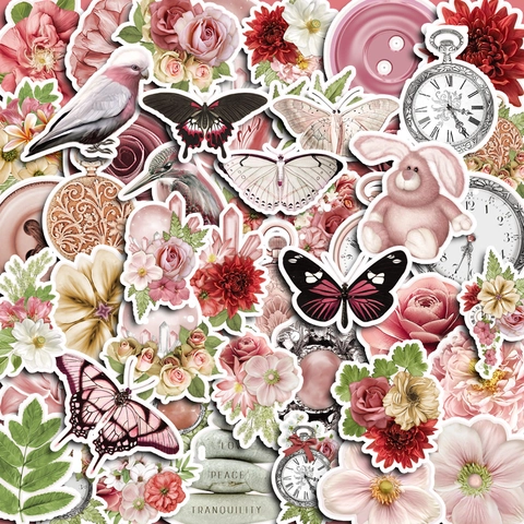 Adesivi Vintage Rosa Con Fiori e Farfalle per Scrapbooking DIY Diario Retro Botanico Estetico Adesivi Decorativi per Cancelleria