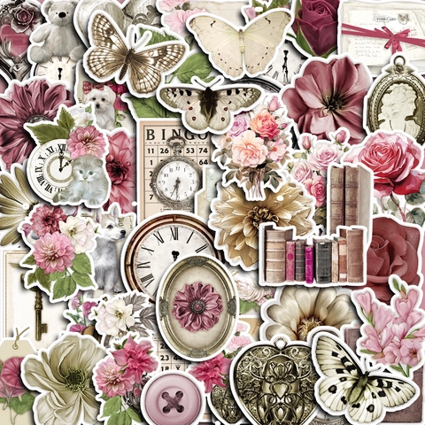 Vintage Rosa Melville Deko Aufkleber Scrapbooking DIY Handyhülle Schmetterling Blume Uhr Katze Motiv Ästhetische Journaling Sticker