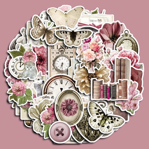 Vintage Rosa Melville Deko Aufkleber Scrapbooking DIY Handyhülle Schmetterling Blume Uhr Katze Motiv Ästhetische Journaling Sticker