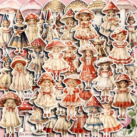 Vintage Pilzmädchen Aufkleber Retro Illustration Cartoon DIY Wasserdicht PVC Decals Für Scrapbooking Journaling Handyhülle Laptop Kinder Mädchen Geschenk