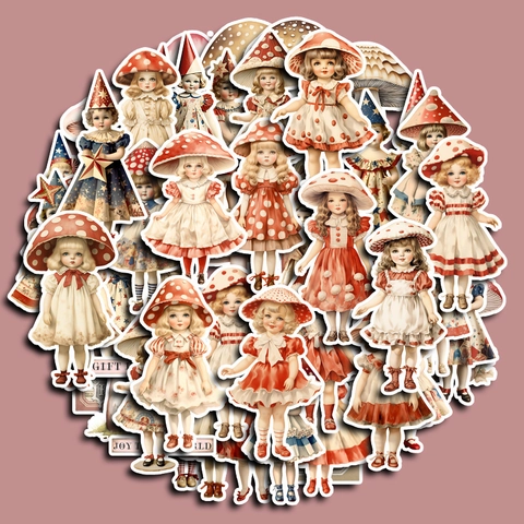 Vintage Pilzmädchen Aufkleber Retro Illustration Cartoon DIY Wasserdicht PVC Decals Für Scrapbooking Journaling Handyhülle Laptop Kinder Mädchen Geschenk