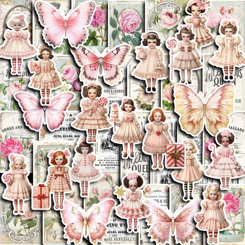 Pegatinas Vintage Muñeca Lolita Victoriana Mariposa Rosa Para Scrapbooking DIY Diario Retro Papelería Decoración