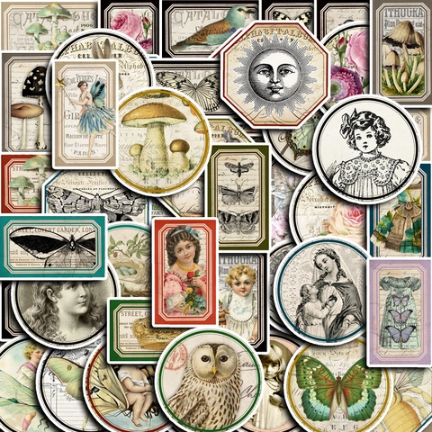 Vintage Aufkleber Für Scrapbooking DIY Journaling Deko Floral Schmetterling Eule Porträt Retro Schreibwaren Aufkleber