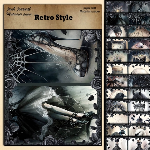12 Hojas de Papel de Material Gothic Dark Forest para Junk Journal DIY Manualidades Vintage Princesa Araña Papel Decorativo