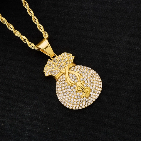 HipHop Stainless Steel Gold Pave Rhinestone Money Bag Pendant With Dollar Sign Symbol Jewelry For Men Women Without Chain