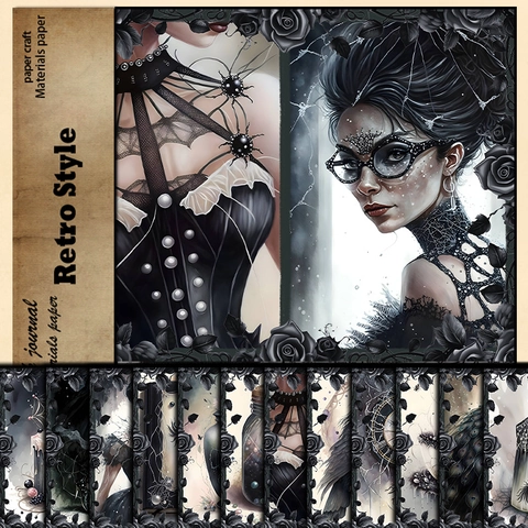 12 Hojas de Papel de Material Gothic Dark Forest para Junk Journal DIY Manualidades Vintage Princesa Araña Papel Decorativo