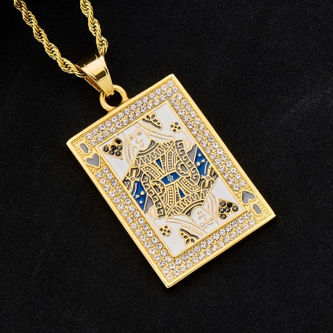Hip Hop Stainless Steel Poker Card King Queen Pendant Enamel Rhinestone Personalized Jewelry For Men Women Without Chain