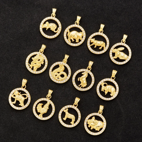Zodiac Pendant Round Hollow Stainless Steel Gold Plated Zirconia Inlaid Animal Figure Pendant Only Without Chain