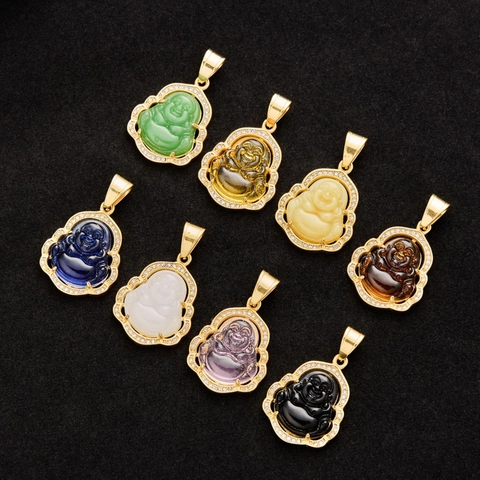 Gold Plated Stainless Steel Maitreya Buddha Pendant Necklace Ethnic Rhinestone Inlaid Laughing Buddha Glass Stone Necklace