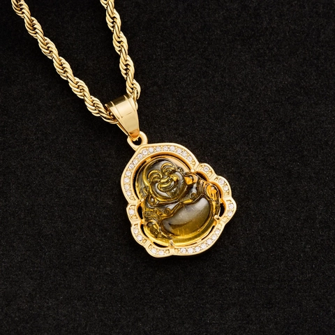 Gold Plated Stainless Steel Maitreya Buddha Pendant Necklace Ethnic Rhinestone Inlaid Laughing Buddha Glass Stone Necklace