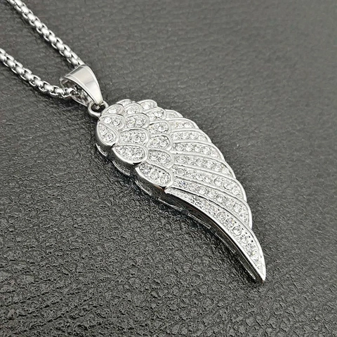Pendentif Aile d'Ange en Acier Inoxydable Hip Hop pour Hommes Femmes Strass Plume Pendentif Uniquement Sans Chaîne