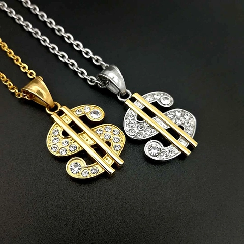 Hip Hop 316 Stainless Steel Dollar Sign Pendant Rhinestone Inlaid Money Symbol Pendant Only Without Chain For Men Women