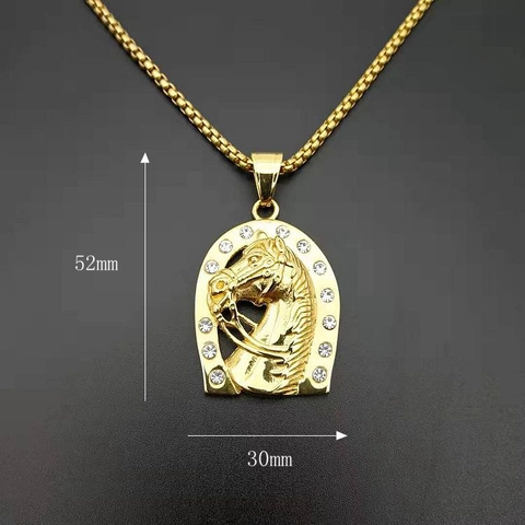Hip Hop 316L Stainless Steel Horse Head Horseshoe Pendant Necklace Gold Plated Rhinestone Animal Pendant Fashion Jewelry For Men Women