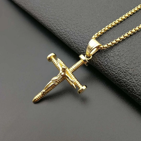 Colgante Cruz de Clavos Crucifijo de Jesús Religioso Hip Hop Acero Inoxidable Chapado en Oro Joyería Retro Colgante Solo