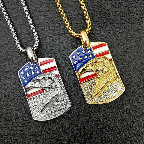 Hip Hop Titanium Steel US Flag Eagle Dog Tag Pendant For Men Rhinestone Inlaid Gold Silver Plated Enamel Military Jewelry