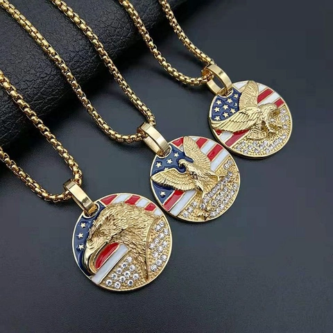 Hip Hop Titanium Steel Eagle Pendant For Men Gold Plated American Flag Rhinestone Medal Pendant Only Without Chain