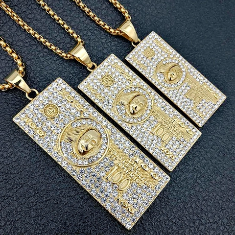 Hip Hop 100 Dollar Bill Pendant Necklace Stainless Steel Rhinestone Inlaid Money Pattern Gold Silver Plated Chain Jewelry For Unisex