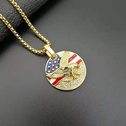 Hip Hop Titanium Steel Eagle Pendant For Men Gold Plated American Flag Rhinestone Medal Pendant Only Without Chain