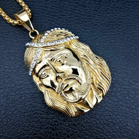 Pendentif Tête de Jésus en Acier Inoxydable Plaqué Or Hip Hop Avec Strass Bijoux Religieux Pour Homme Femme Collier