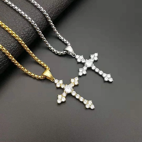 Pendentif Croix Incrusté de Zircone AAA en Acier Inoxydable Bijoux Hip Hop Religieux Pour Hommes Femmes Or Argent Pendentif Seul Sans Chaîne