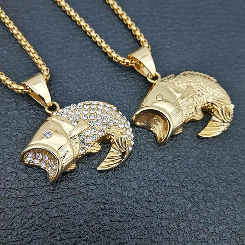 Colgante de Pez Trucha Hip Hop de Acero Inoxidable Solo Sin Cadena Oro Diamantes de Imitación Joyería Animal Hombre Mujer