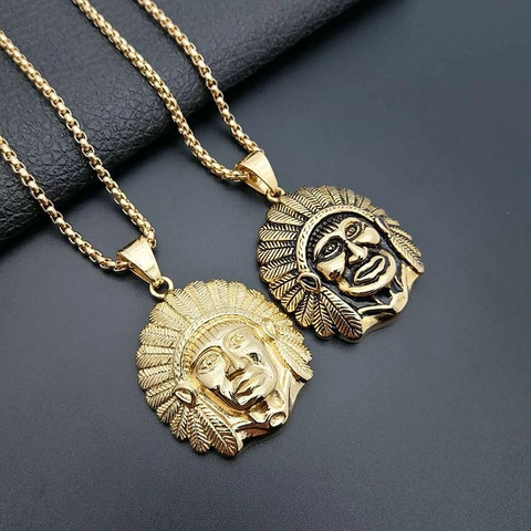 Hip Hop Titanium Steel Indian Chief Head Pendant For Men Vintage Vacuum Gold Plated Ethnic Streetwear Jewelry Accessories