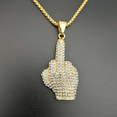 Hip Hop Iced Out Middle Finger Pendant For Men Women Titanium Stainless Steel Gold Silver Plated Rhinestone Fist Gesture Jewelry Pendant Only