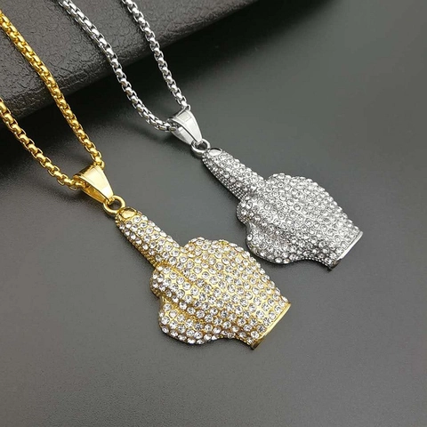 Hip Hop Iced Out Middle Finger Pendant For Men Women Titanium Stainless Steel Gold Silver Plated Rhinestone Fist Gesture Jewelry Pendant Only