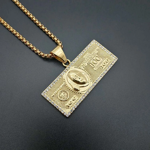 Colgante de Billete de 100 Dólares Hip Hop de Acero Inoxidable 316 Dorado Con Diamantes de Imitación Joyería Unisex