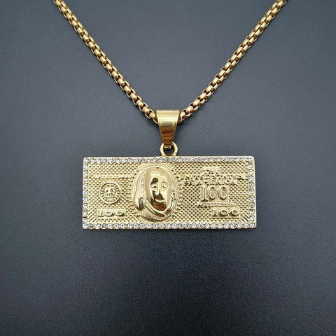 Colgante de Billete de 100 Dólares Hip Hop de Acero Inoxidable 316 Dorado Con Diamantes de Imitación Joyería Unisex