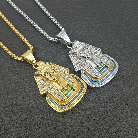 Hip Hop Stainless Steel Egyptian Pharaoh Pendant Necklace Rhinestone Enamel Tutankhamun King Pendant For Men Women Jewelry