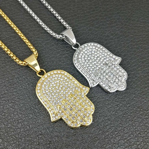 Iced Out Hamsa Hand Pendant For Men Women Stainless Steel Gold Silver Hip Hop Jewelry Pendant Only (Without Chain)