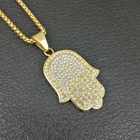 Iced Out Hamsa Hand Pendant For Men Women Stainless Steel Gold Silver Hip Hop Jewelry Pendant Only (Without Chain)