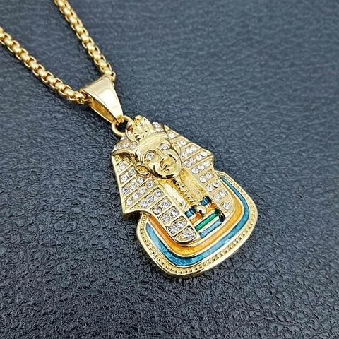 Hip Hop Stainless Steel Egyptian Pharaoh Pendant Necklace Rhinestone Enamel Tutankhamun King Pendant For Men Women Jewelry