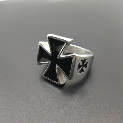 Anello da Uomo Croce di Ferro Punk Retrò Acciaio al Titanio Lucidato Biker Gothic Band Anello Vintage Smalto Nero Croce Gioielli per Uomo
