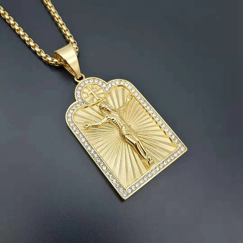 Collar Con Colgante de Cruz de Jesús de Acero Inoxidable 316 Chapado en Oro de 18K Hip Hop para Hombres Joyería Religiosa Sin Cadena