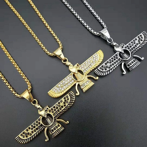 Colgante Faravahar de Acero Inoxidable Hip Hop para Hombre Mujer Símbolo Religioso Persa Colgante Solo Sin Cadena Joyería de Strass