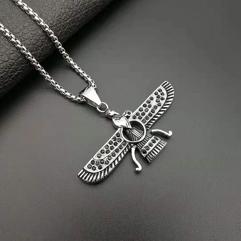 Colgante Faravahar de Acero Inoxidable Hip Hop para Hombre Mujer Símbolo Religioso Persa Colgante Solo Sin Cadena Joyería de Strass