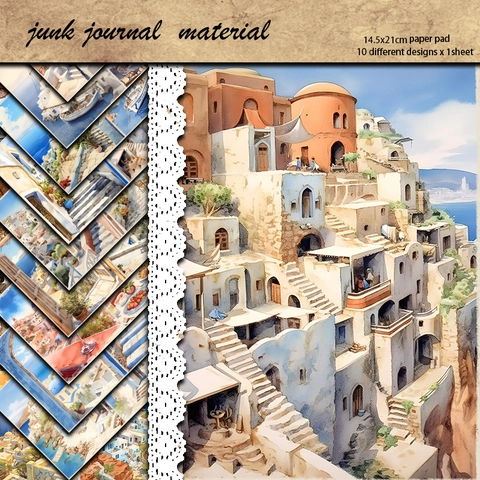 Vintage Europäische Architektur Schloss Am Meer Material Papier Aquarell Santorini Landschaft Dekorpapier Für DIY Scrapbooking Journaling