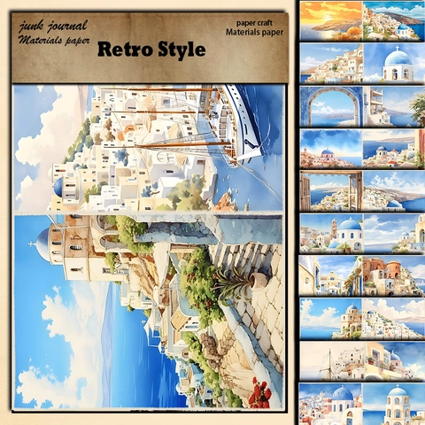 Vintage Europäische Architektur Schloss Am Meer Material Papier Aquarell Santorini Landschaft Dekorpapier Für DIY Scrapbooking Journaling
