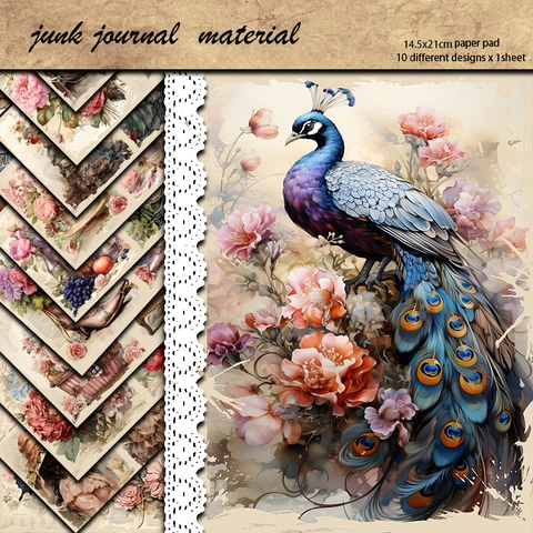 Papel de Material Vintage Victoriano para Junk Journal Scrapbooking Patrón de Flores Pavo Real Mariposa DIY Artesanía Ephemera Bloc de Papel