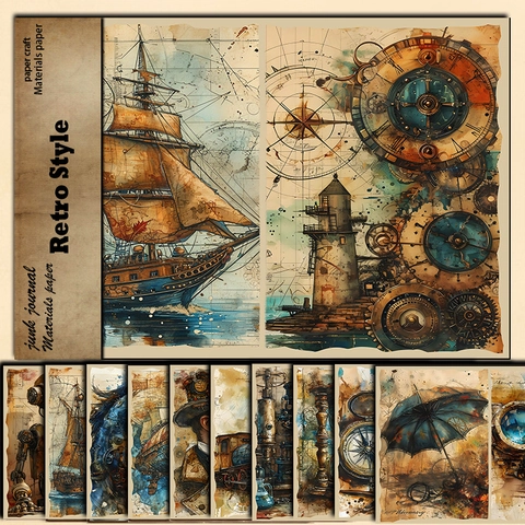 Papier Matériel Vintage Steampunk Pour Junk Journal Scrapbooking Papier Cartone Retro Avec Robot Instrument Expérimental Motif DIY Decor