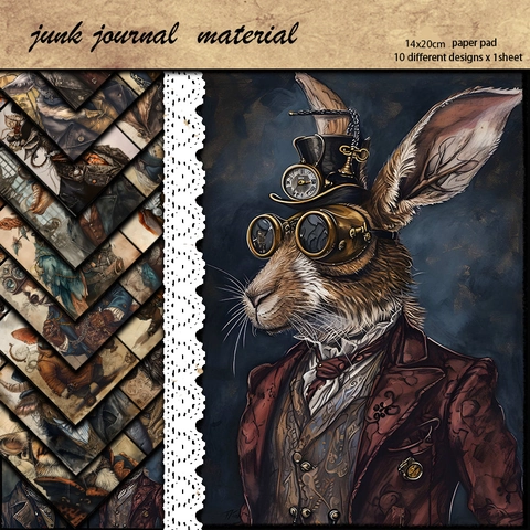 10 Hojas de Papel de Material de Animales Steampunk Vintage Victoriano Antropomorfo Scrapbooking Junk Journal Papel de Fondo DIY