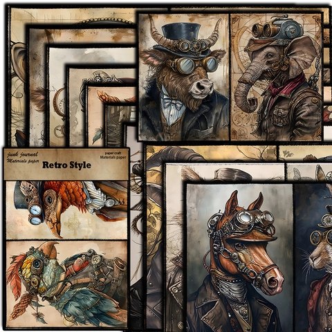 10 Hojas de Papel de Material de Animales Steampunk Vintage Victoriano Antropomorfo Scrapbooking Junk Journal Papel de Fondo DIY