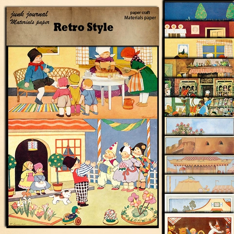 Kit Carta Materiale Illustrazione Stile Vintage Retro Nostalgico Scene di Vita di Bambini Carta Cartoncino Decorativo per Junk Journal Scrapbooking Fai da Te