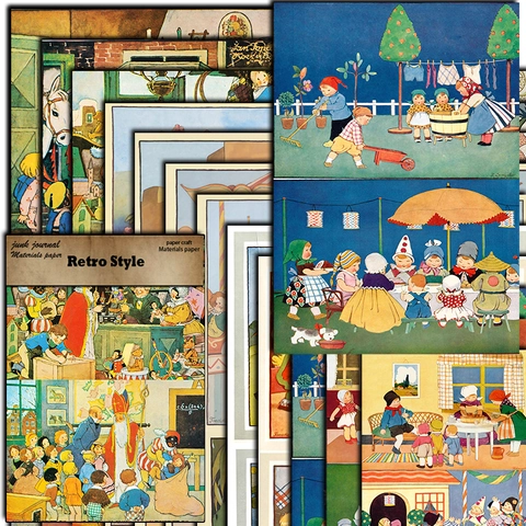 Kit Carta Materiale Illustrazione Stile Vintage Retro Nostalgico Scene di Vita di Bambini Carta Cartoncino Decorativo per Junk Journal Scrapbooking Fai da Te