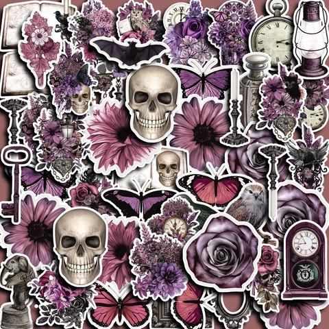 Lila Gothik Vintage Aufkleber Wasserdicht Totenkopf Rose Schmetterling Vinyl Decals Für Scrapbooking Journal Handy Deko