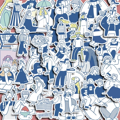 Set di Adesivi Scene di Vita Ragazza Astratta Blu Decalcomanie Estetiche Personaggio Disegnato a Mano per Diario Cellulare Laptop