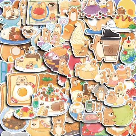 Süße Cartoon Shiba Inu Hund Essen Aufkleber Handbemalt Aquarell Ästhetische Decals Für Scrapbooking Journaling Handyhülle DIY Dekoration